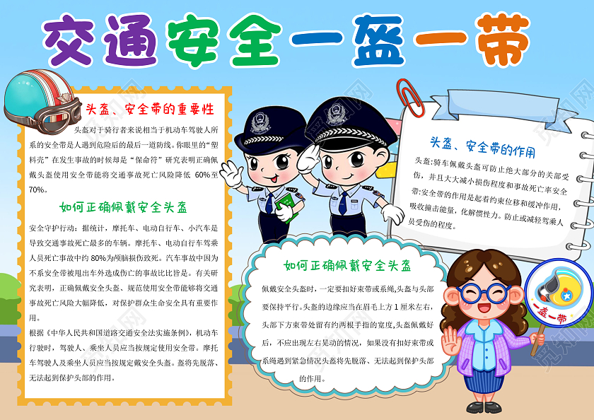 蓝色卡通交通安全一盔一带小报手抄报