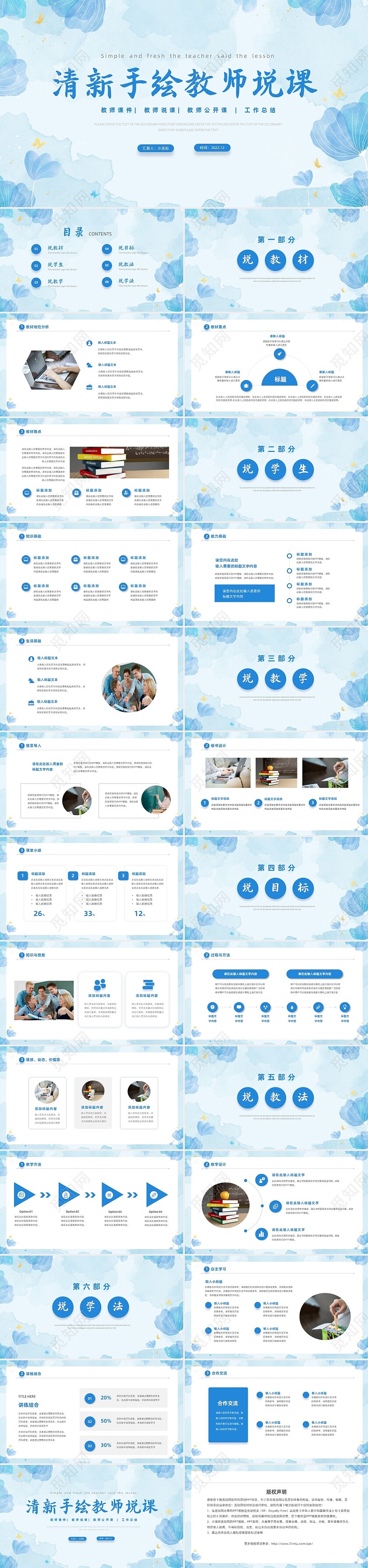 蓝色水彩手绘简约教师说课教学课件PPT