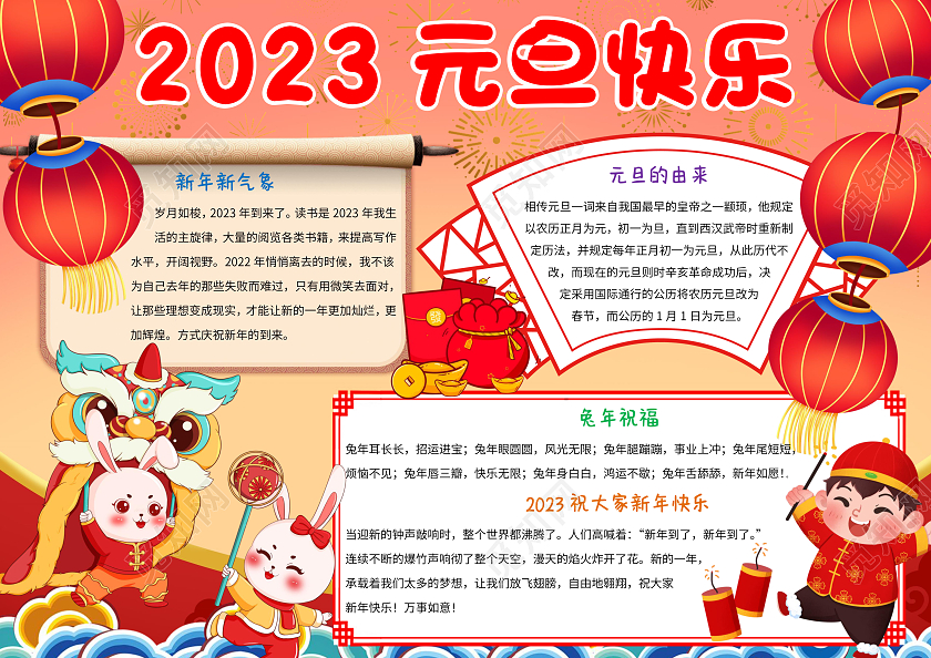 红色卡通2023元旦快乐小报手抄报