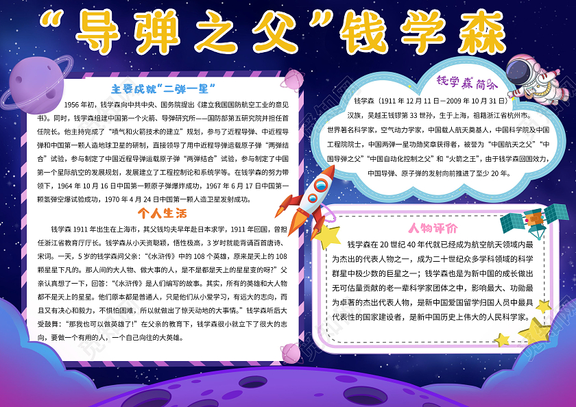 紫色卡通导弹之父钱学森科学家钱学森小报手抄报卡通小报手抄报