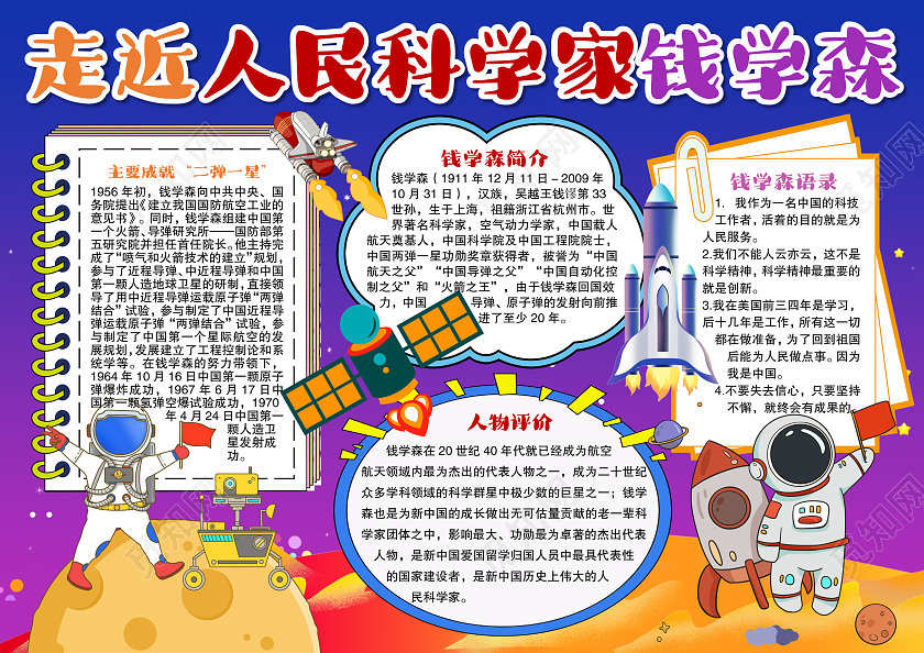 卡通风格走进人民科学家钱学森小报手抄报