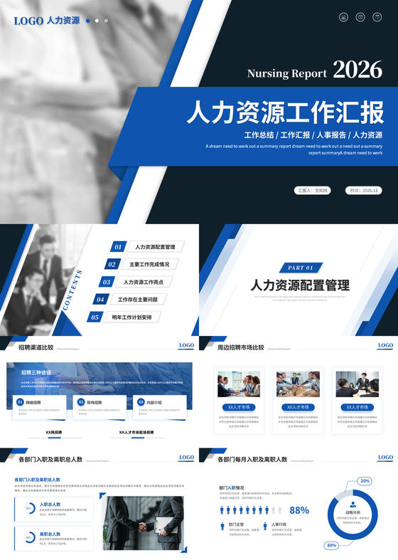 蓝色商务人力资源工作汇报工作总结年终总结ppt模板2026