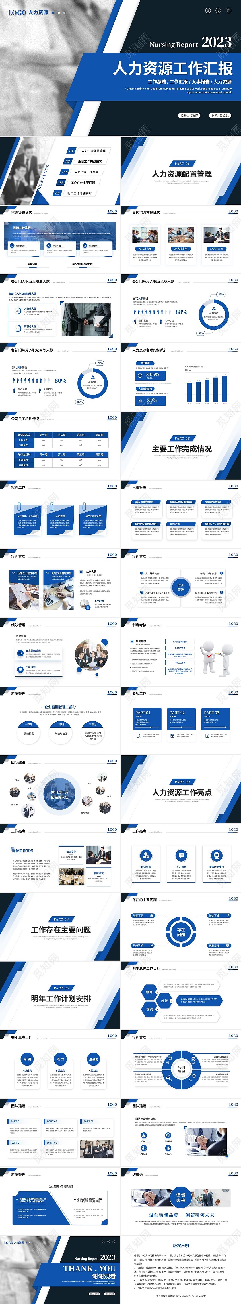 蓝色商务人力资源工作汇报工作总结年终总结ppt模板