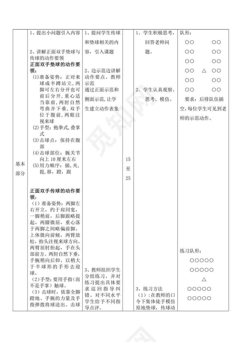 白色简洁排球正面双手垫球教案体育教案运动教案模板
