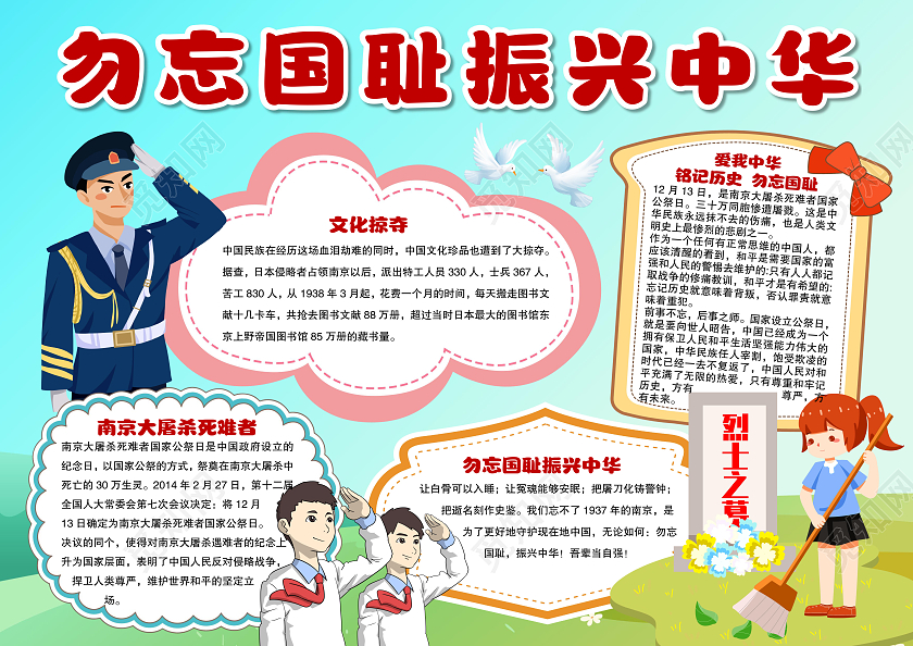 卡通风格勿忘国耻振兴中华小报手抄报