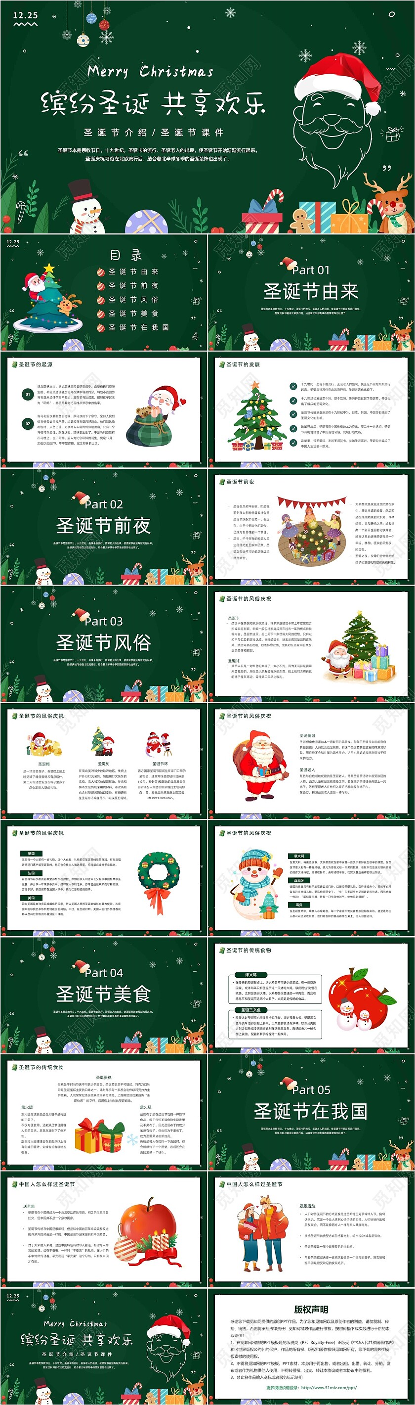 绿色黑板风卡通插画缤纷圣诞圣诞节介绍动态PPT