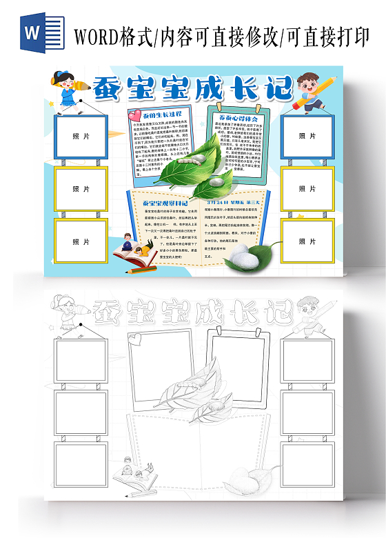 卡通风格蚕宝宝成长记小报手抄报蚕宝宝观察日记