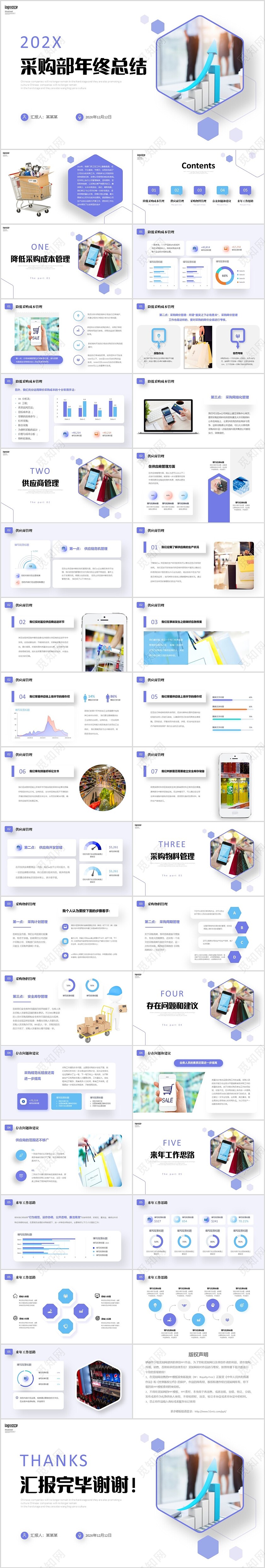 部门年终总结ppt紫色微立体采购部年终工作总结述职报告年度计划PPT采购年终总结