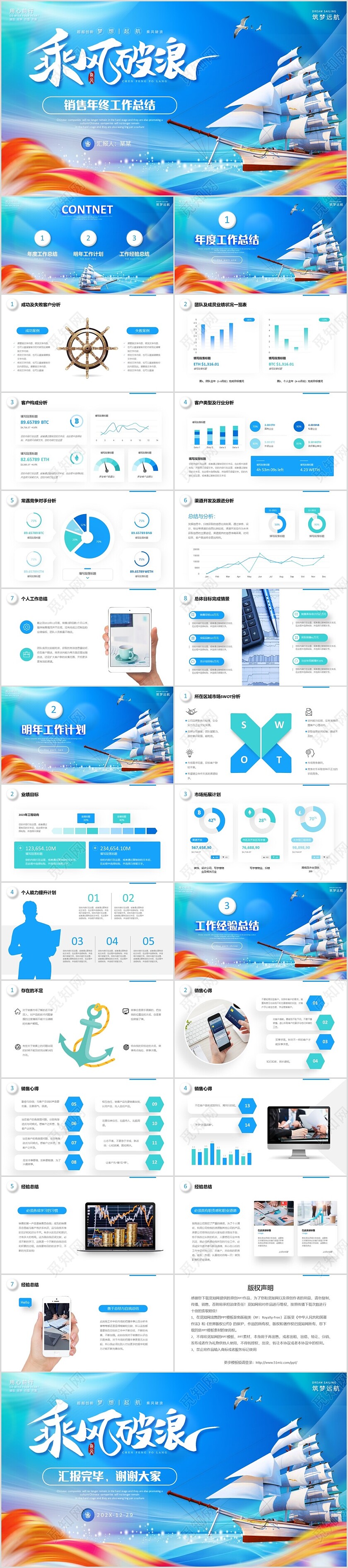 蓝色励志乘风破浪启航销售年终工作总结汇报PPT销售年终总结