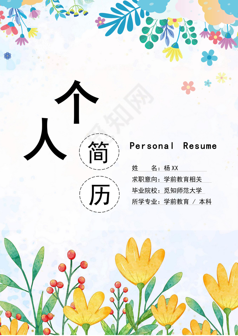 彩色简洁幼师个人简历幼儿园老师简历老师个人求职简历模板