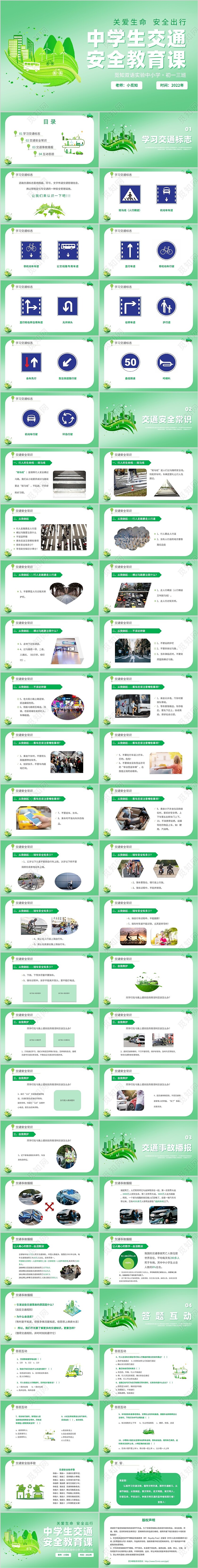 绿色城市清新展板学生交通安全教育主题班会讲座老师教学课件模板交通安全教育课