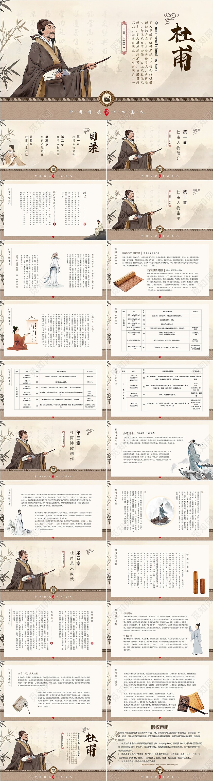 黄色棕色中国风古风初高中语文人物传记杜甫教育课件动态PPT