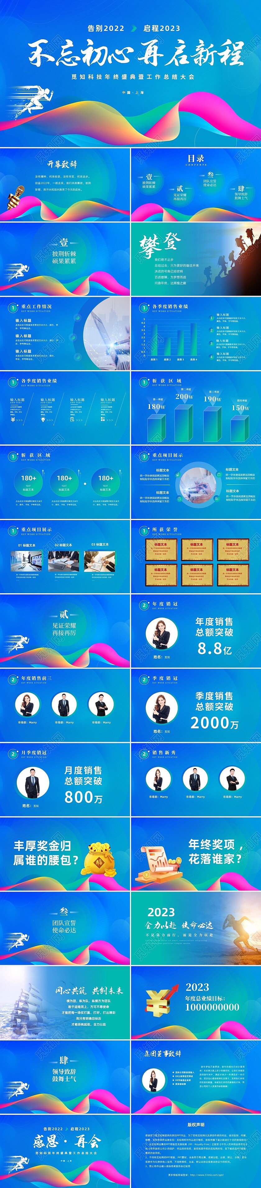 蓝绿色渐变时尚不忘初心再启新程企业年终总结大会PPT年会总结