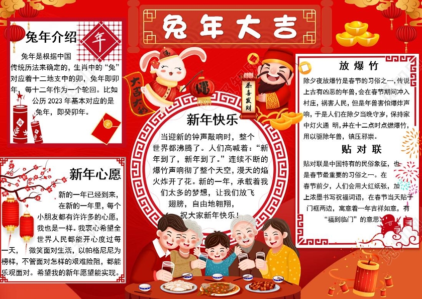 红色卡通2023新年快乐兔年大吉小报手抄报卡通小报手抄报