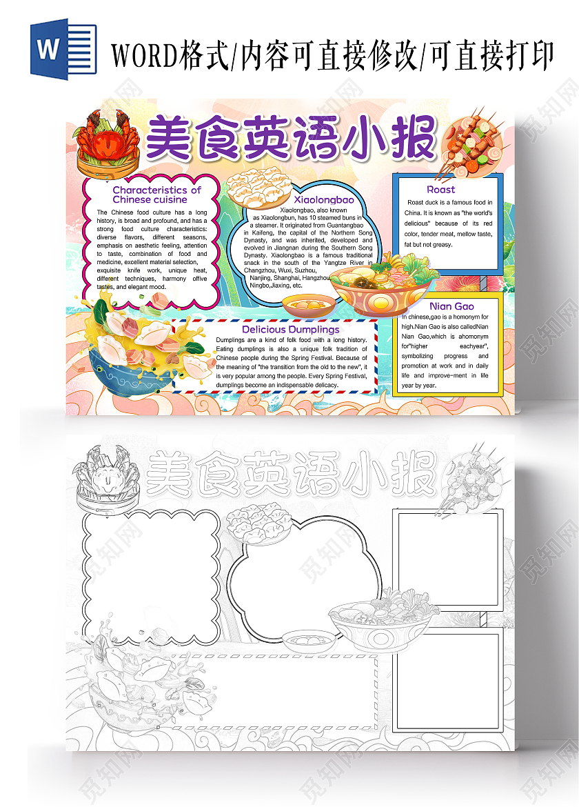 国潮风格美食英文小报手抄报美食英语