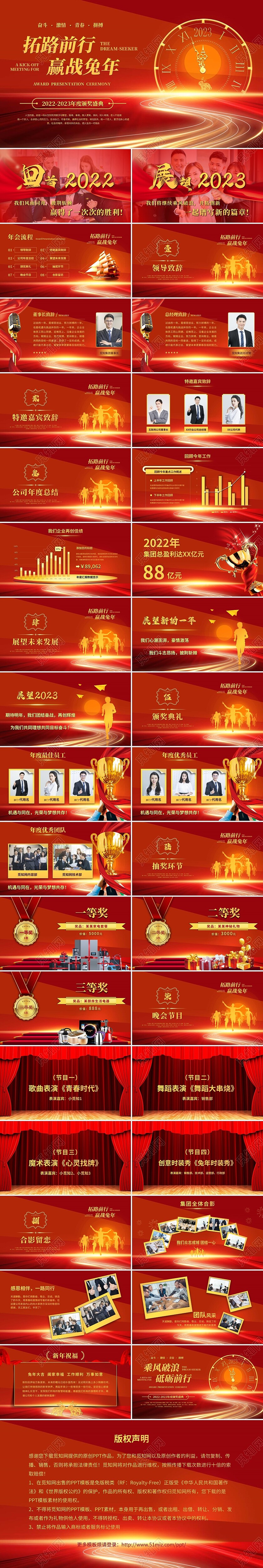 红色喜庆时钟2023兔年公司年会优秀员工颁奖典礼ppt模板
