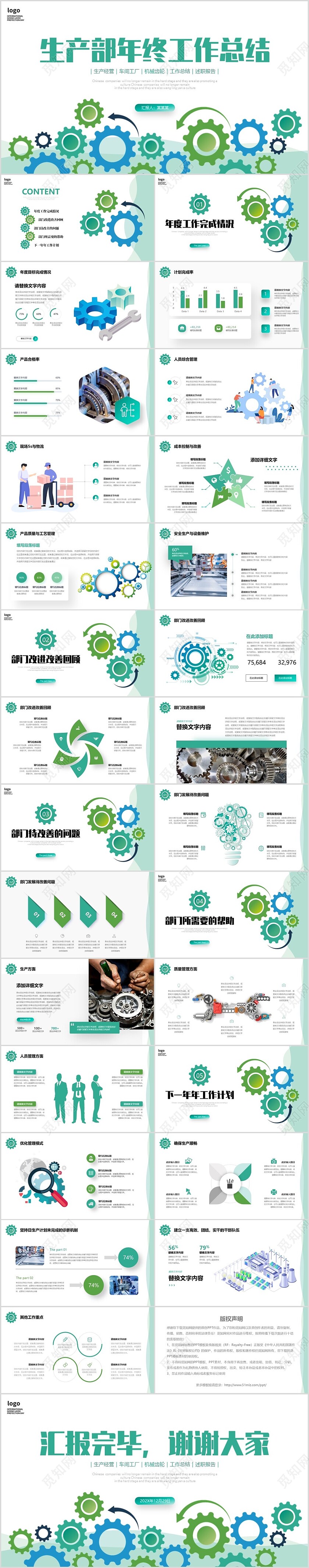 简约蓝绿色线条插画齿轮生产部年终总结工作汇报新年计划PPT