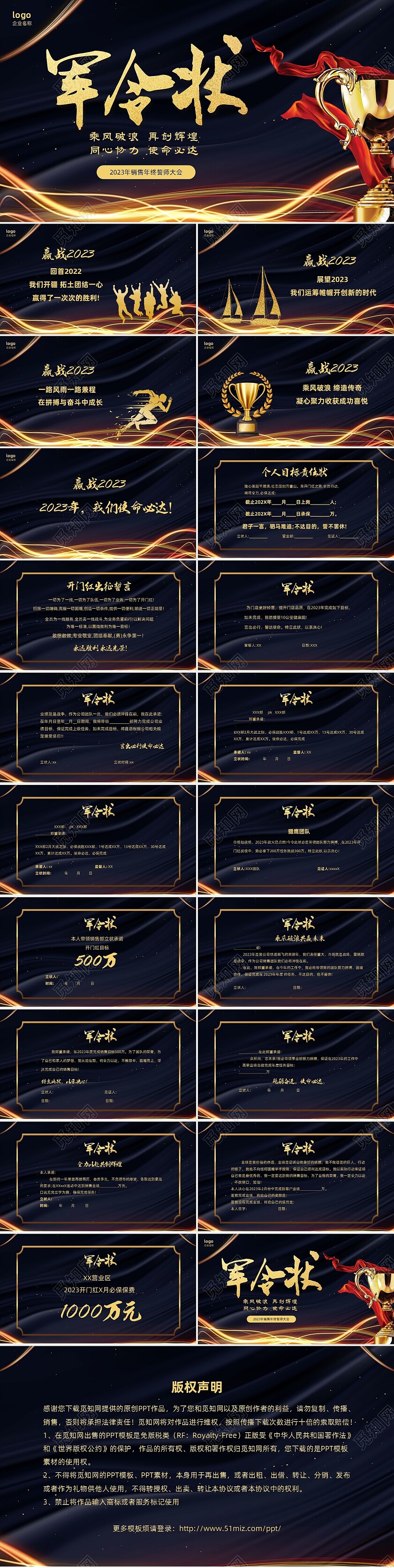 蓝金色大气企业年终军令状年终誓师大会PPT喜报