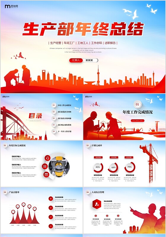 红色展板风城市工地剪影生产部年终总结工作汇报计划PPT