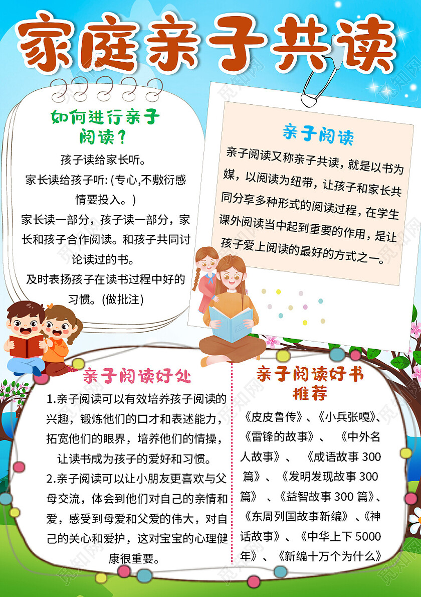 蓝色卡通家庭亲子共读书香家庭亲子共读小报手抄报卡通亲子共读