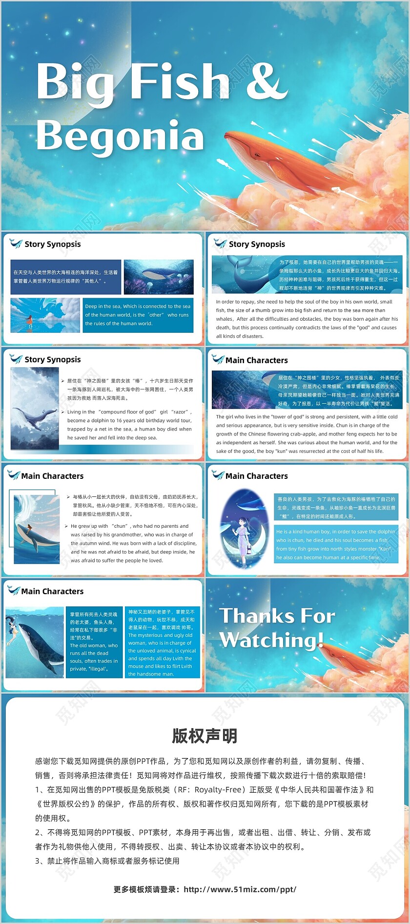 蓝色卡通大鱼海棠英语电影分享课件PPT模板