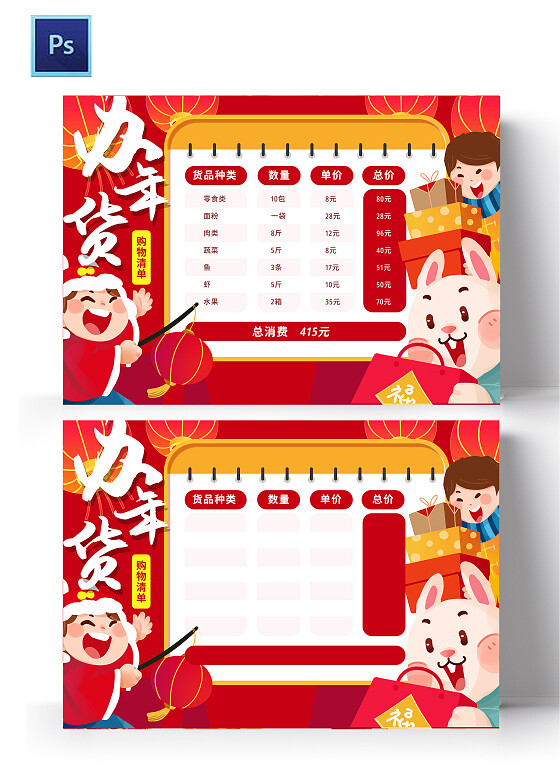 春节年货购物清单表格春节年货支出统计表