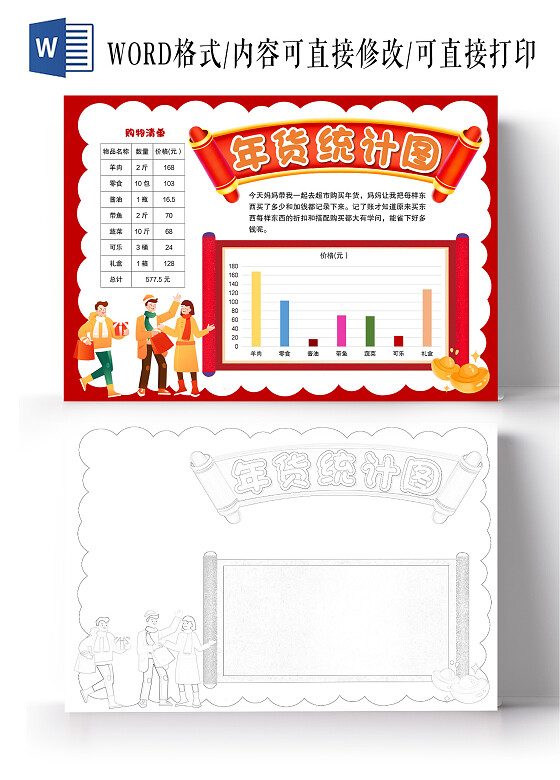 红色手绘风格年货统计表小报手抄报春节年货支出统计表