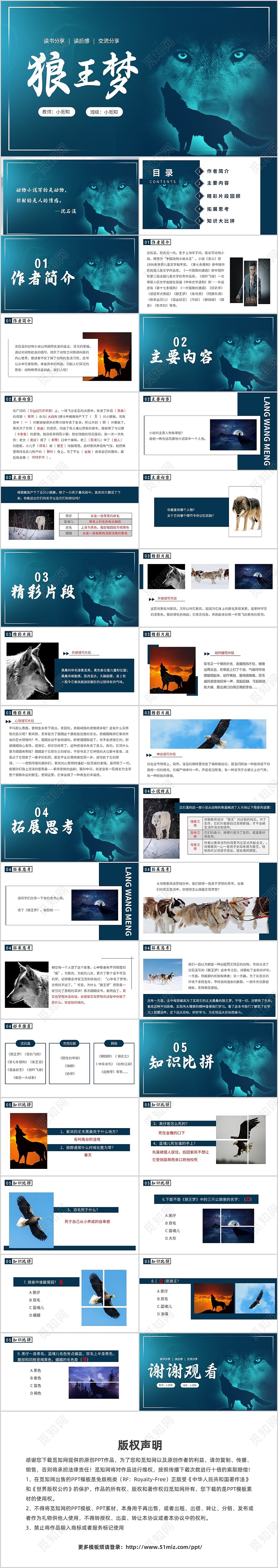 蓝色简约狼王梦读书分享说课课件PPT模板狼王梦读书交流
