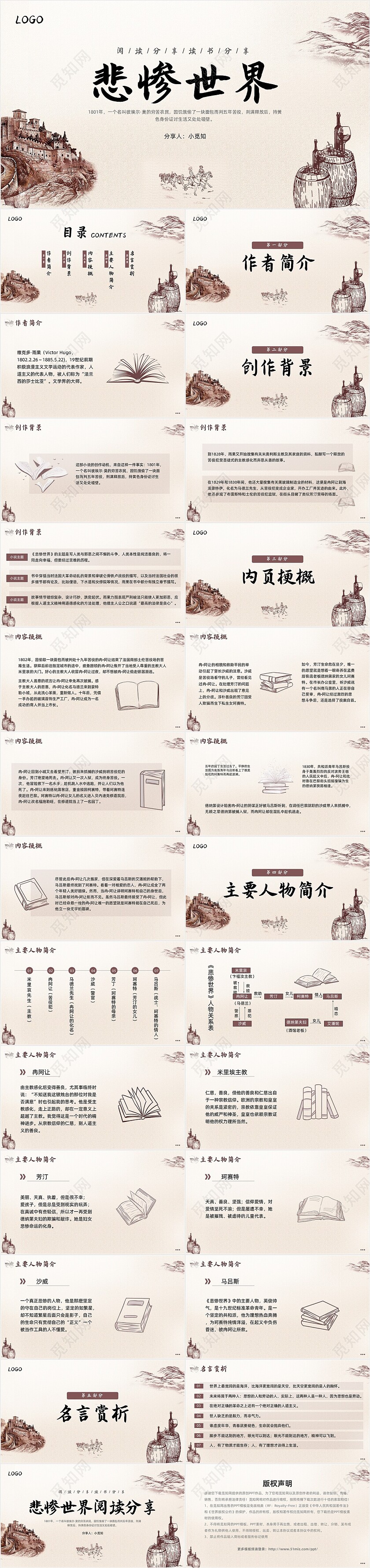 棕色手绘悲惨世界读后感PPT模板宣传PPT动态PPT