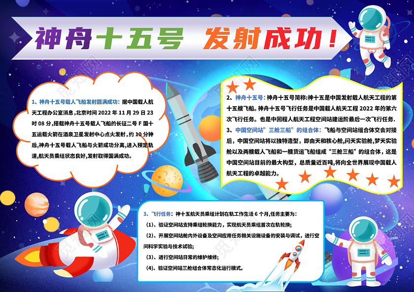 蓝色卡通神舟十五发射成功科技手抄报卡通小报神舟十五号