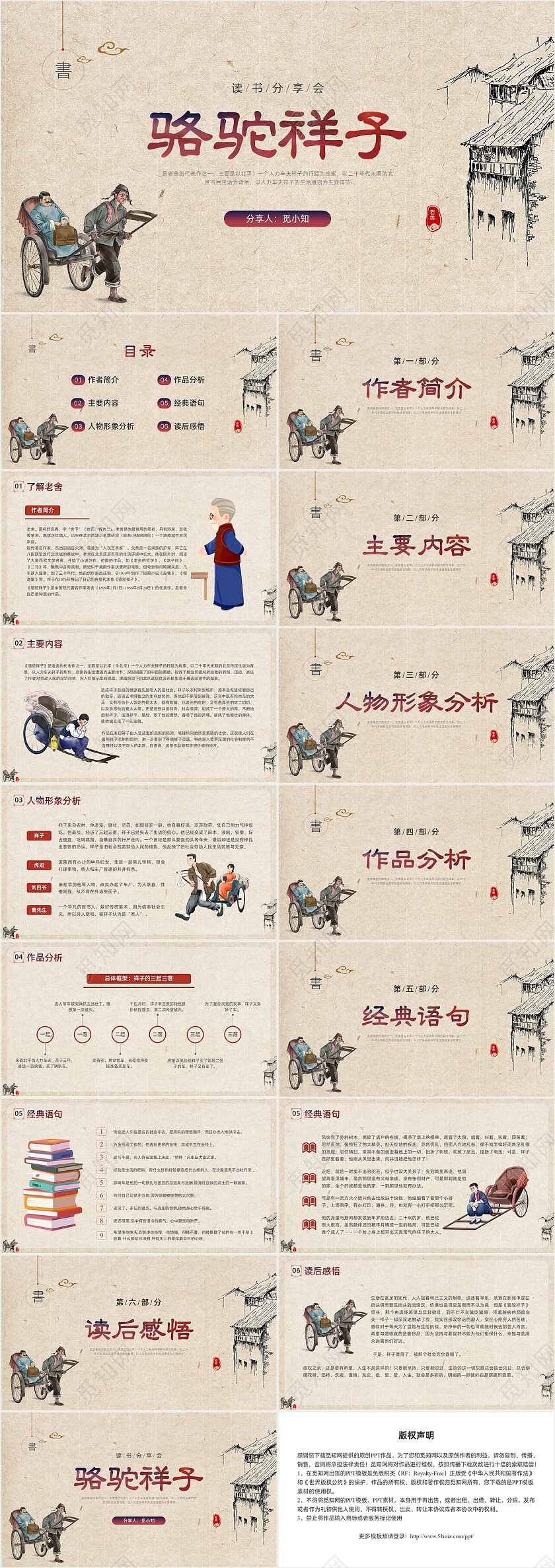 黄色中国风插画线条骆驼祥子图书分享PPT课件骆驼祥子读书分享