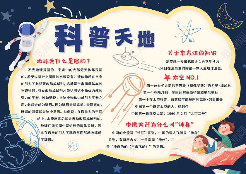 蓝色卡通风格科普天地科普知识小报手抄报