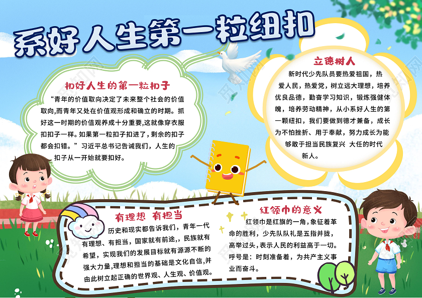 蓝色卡通风格系好人生第一粒纽扣扣好人生第一粒扣子手抄报