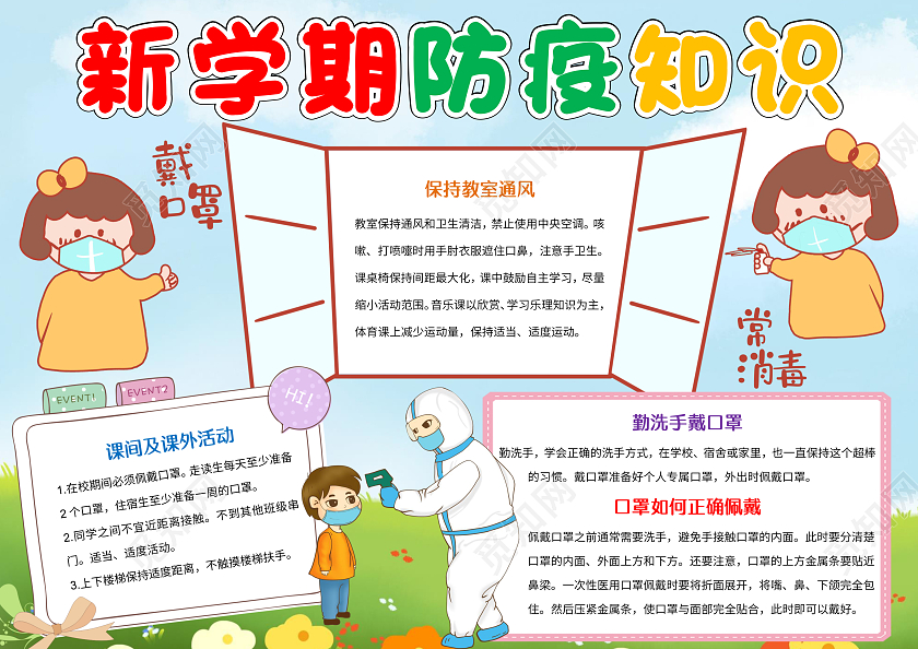 蓝色卡通新学期防疫知识小报手抄报开学防疫第一课