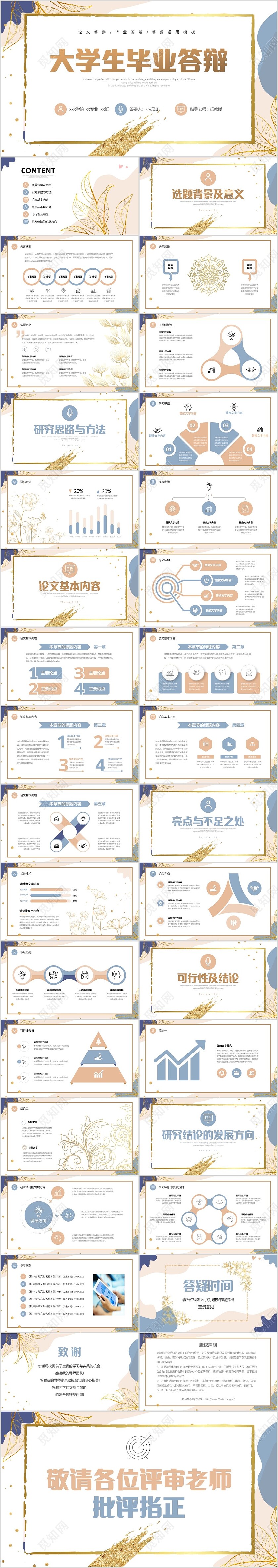 清新色块金色花草大学生毕业答辩开题报告PPT毕业答辩论文