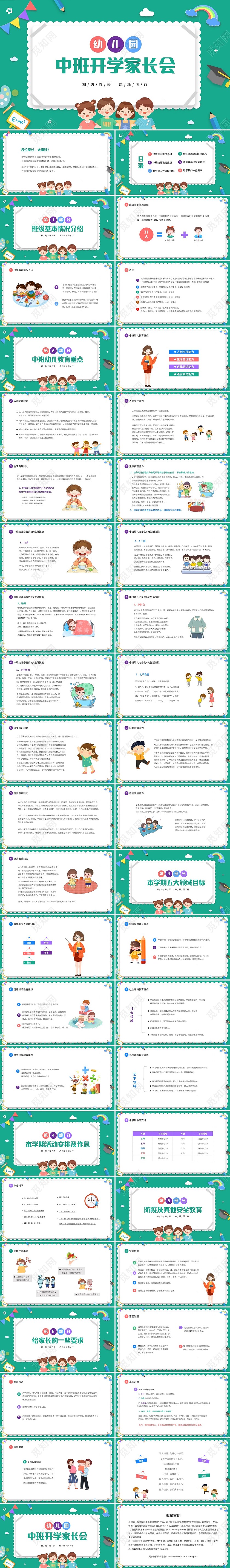 绿色清新卡通儿童幼儿园中班开学家长会PPT