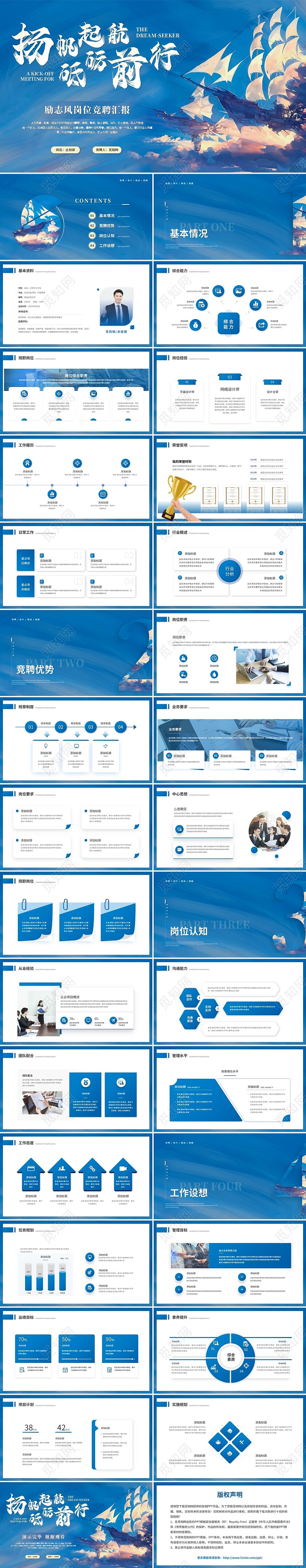 蓝色水彩水墨风励志帆船岗位竞聘自我介绍竞聘报告ppt模板