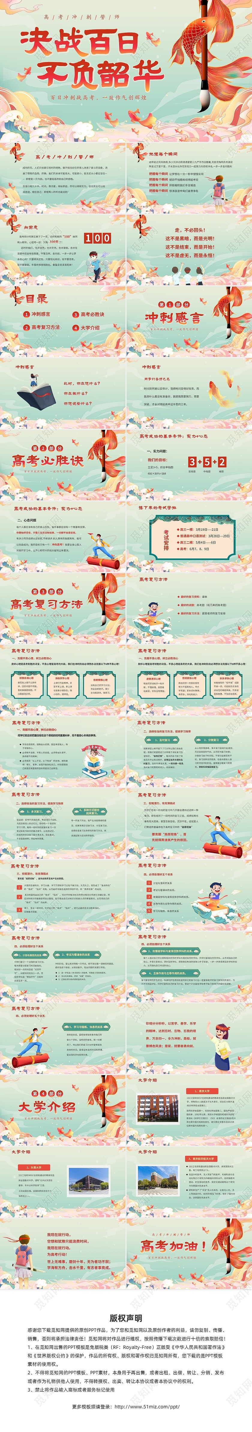 国潮锦鲤毛笔高考百日冲刺誓师主题班会PPT高考百日誓师