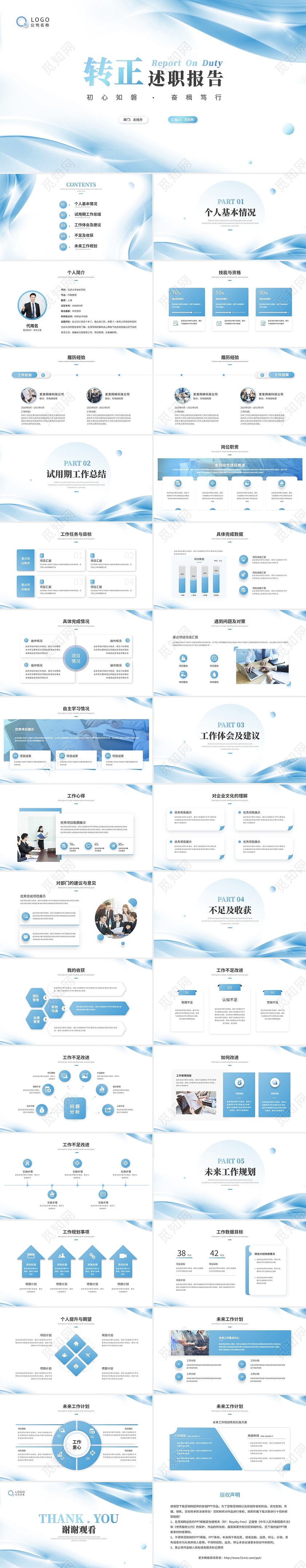 蓝色简约渐变风微粒体转正述职报告工作总结工作汇报ppt模板