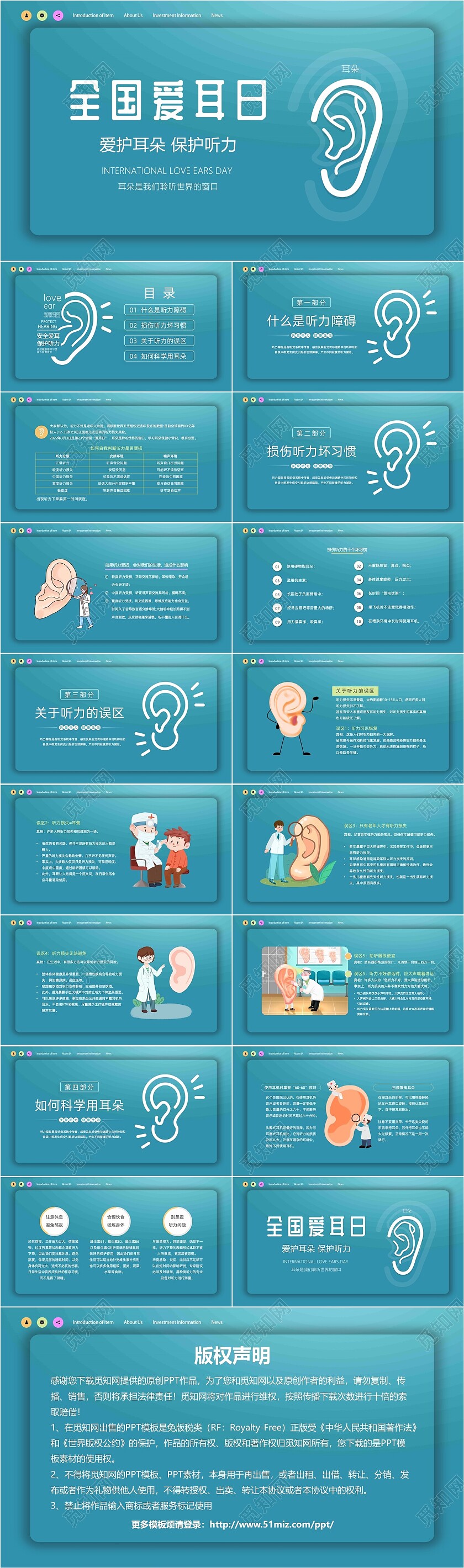 蓝色简约微立体爱护耳朵保护听力全国爱耳日动态PPT保护耳朵