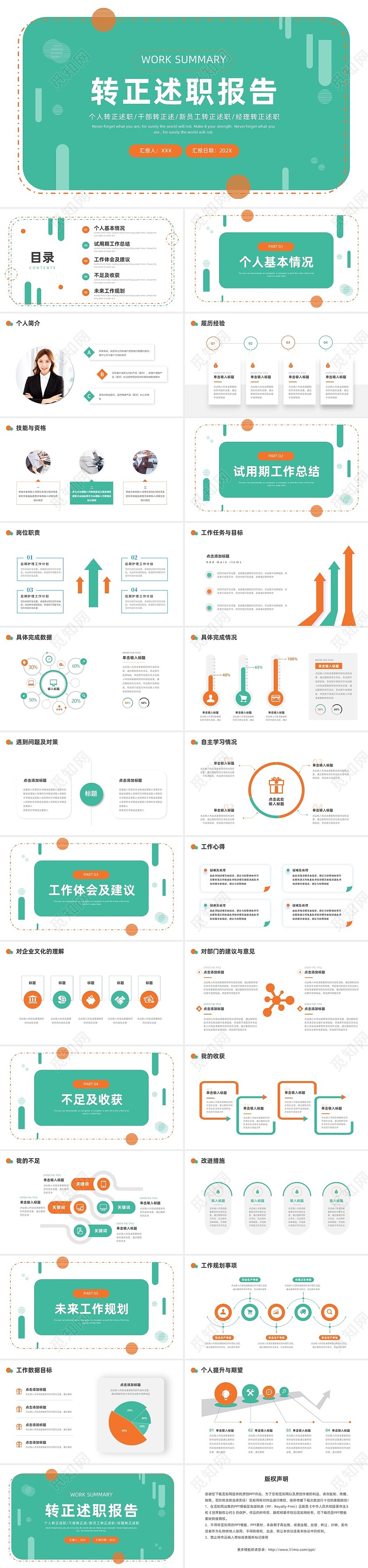 绿色橙色简约手绘转正述职报告PPT模板