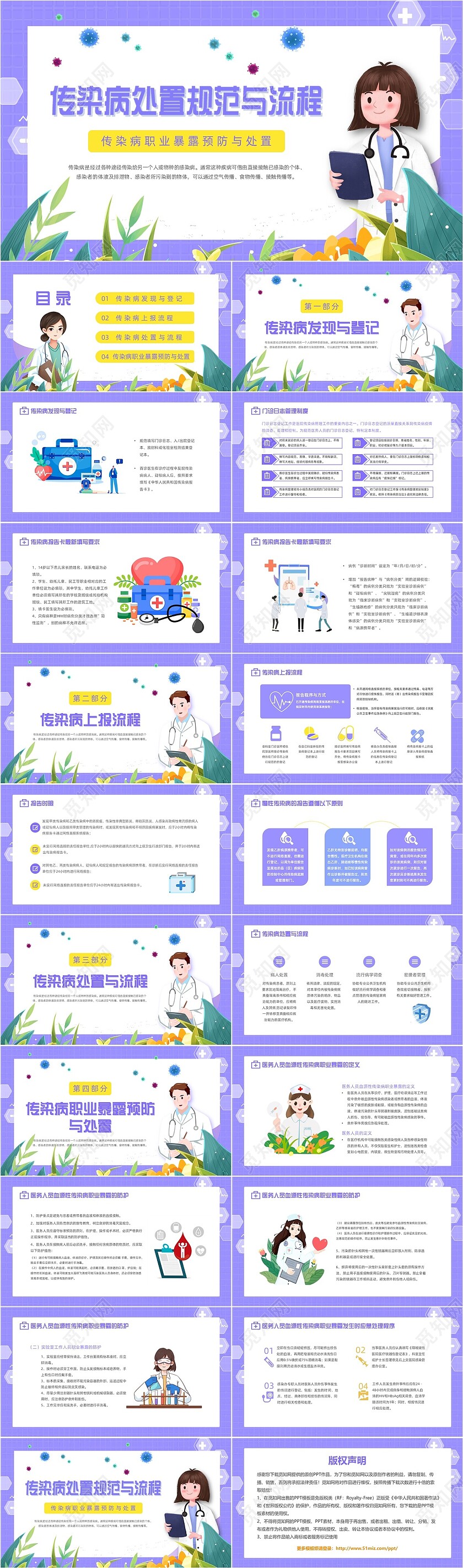紫色卡通插画医疗医护科普传染病上报流程动态PPT传染病预防