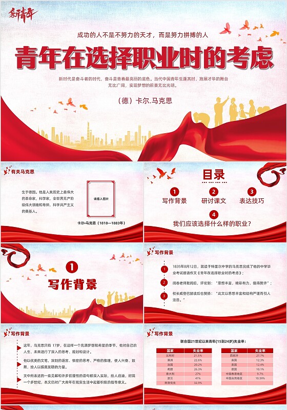 红色简约青年正在选择职业时的考虑说课课件PPT模板读书分享
