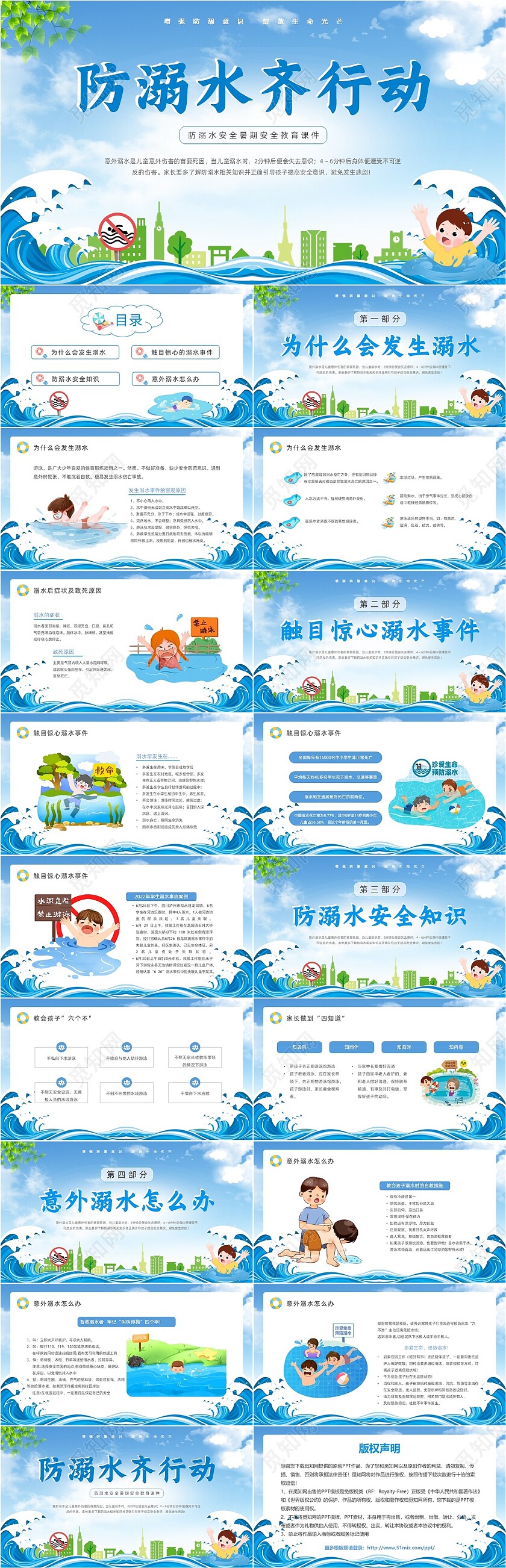 蓝色天空卡通防溺水安全教育课件动态PPT