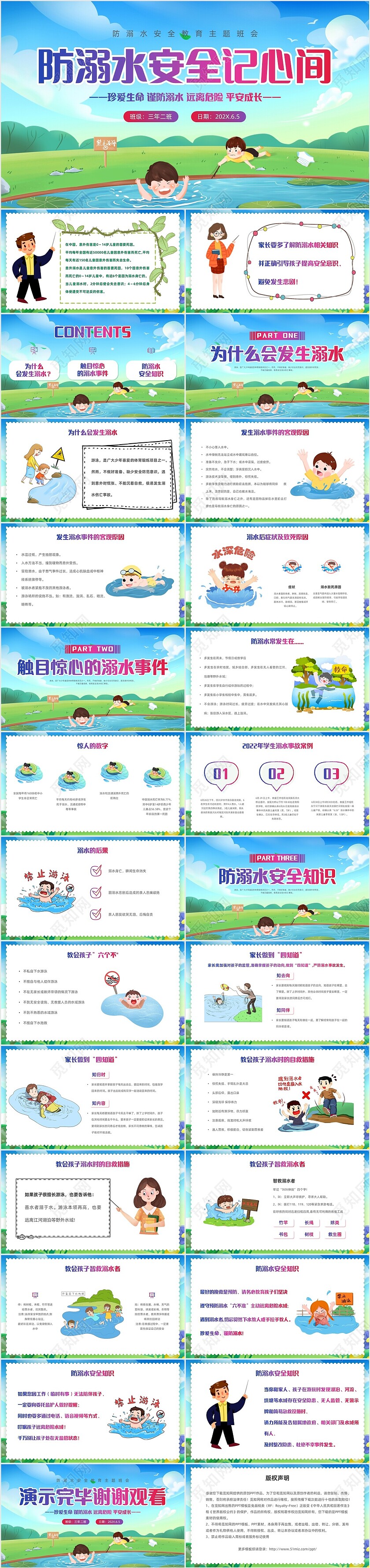 绿色清新卡通防溺水安全教育主题班会PPT课件