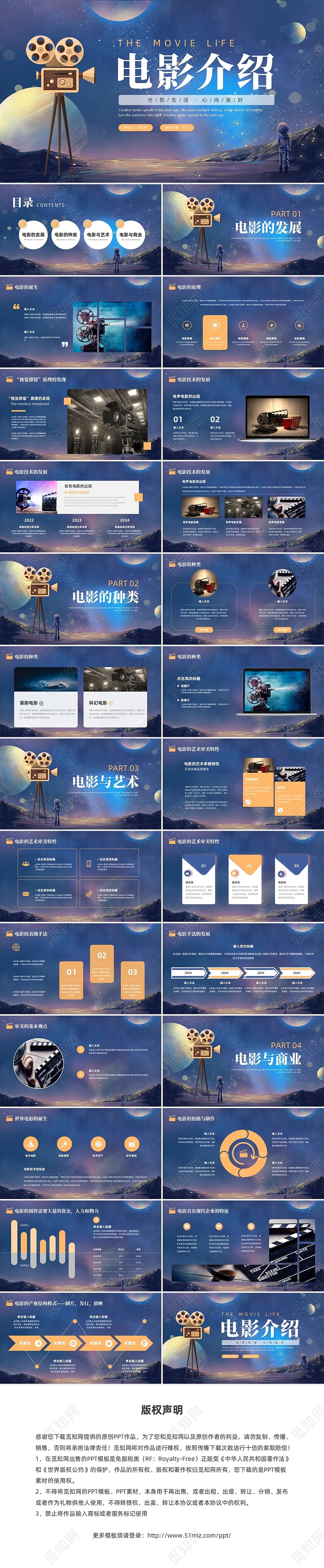 蓝色金色卡通梦幻风流浪地球风宇航员星球电影介绍PPT模板