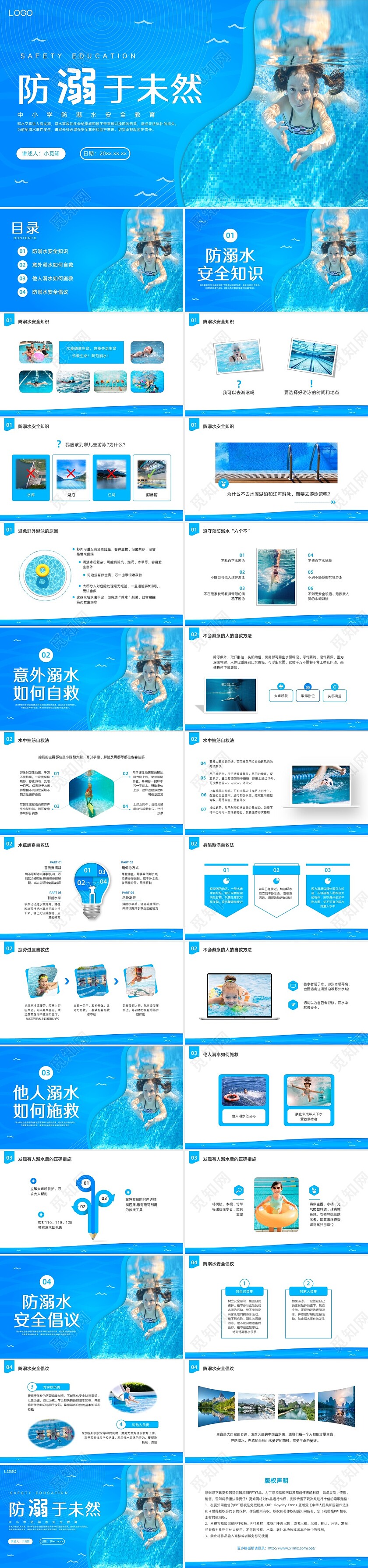 蓝色水彩简约实拍中小学防溺水安全教育PPT