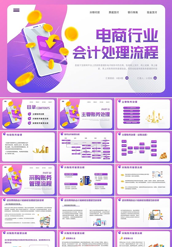 紫色插画电商行业会计处理流程PPT模板宣传PPT动态PPT财务知识培训