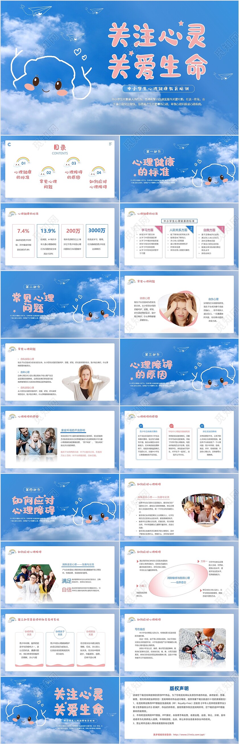 蓝色简约清新卡通珍爱生命心理健康教育主题班会动态PPT