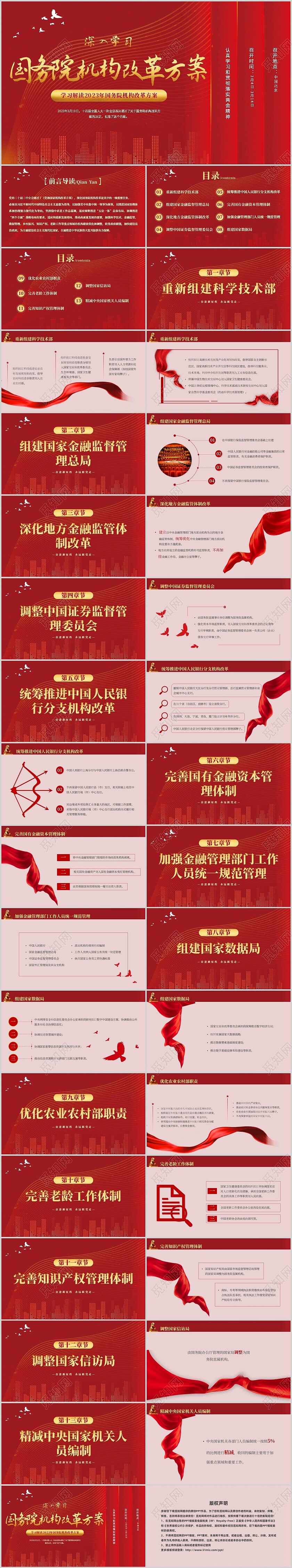 红色简约党政风国务院机构改革方案主题PPT模板两会